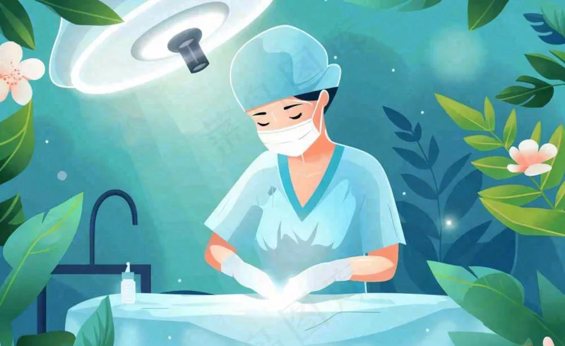 卡通医生护士做手术绿植绿色创意卡通插画背景(1408x864)