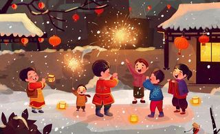 卡通新年除夕夜孩童放烟花鞭炮团聚喜庆春节插画过年背景