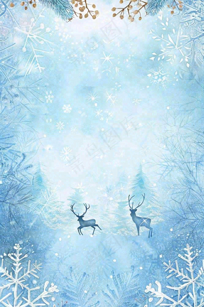 冬天白雪雪花世界麋鹿寒冷立冬冬至大雪小雪圣诞插画背景(896x1344)