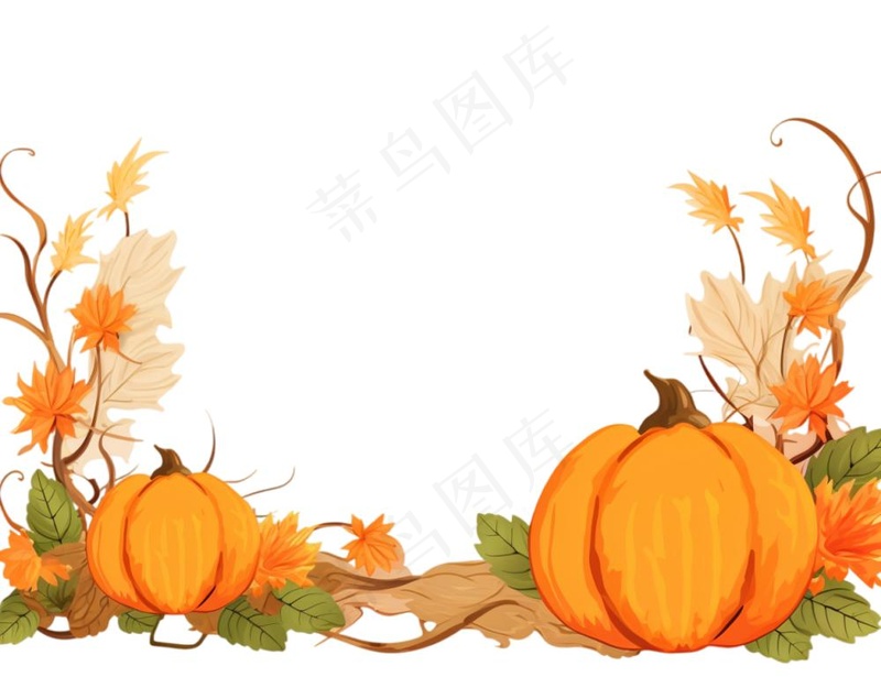 秋季南瓜作物枫叶边框感恩节黄色卡通插画免抠