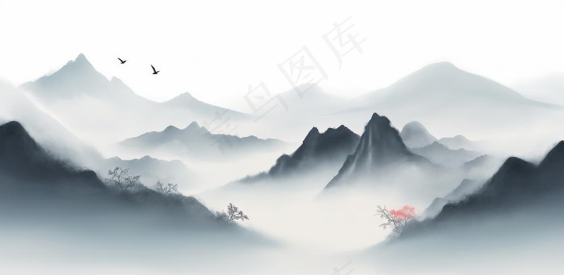 山水水墨画云层山峰中国风插画背景(1568x768)