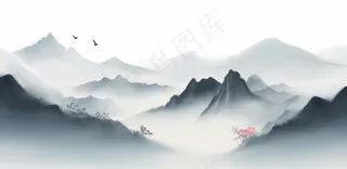 山水水墨画云层山峰中国风插画背景