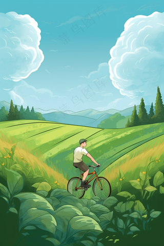 春游骑自行车的人风吹草地鲜花绿叶盛开卡通插画背景