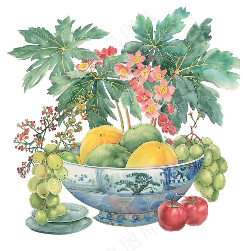 水墨静物清明元素瓷器植物水果插画免抠(1024x1056)