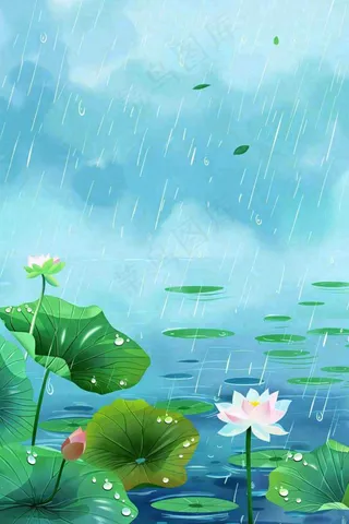 春天下雨天池塘荷花荷叶清凉雨水谷雨处暑插画背景