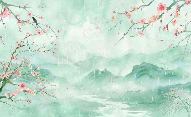 清明节春天桃花柳树燕子山水中国风古风雨水谷雨水墨插画背景(1408x864)