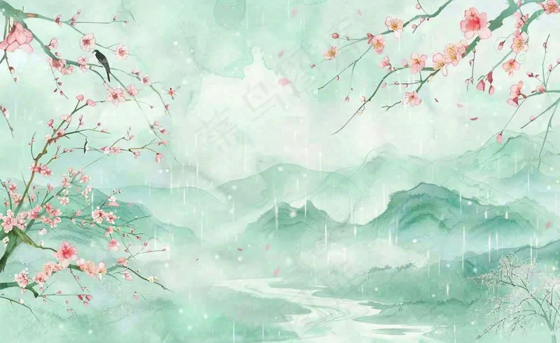 清明节春天桃花柳树燕子山水中国风古风雨水谷雨水墨插画背景(1408x864)