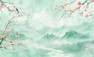 清明节春天桃花柳树燕子山水中国风古风雨水谷雨水墨插画背景