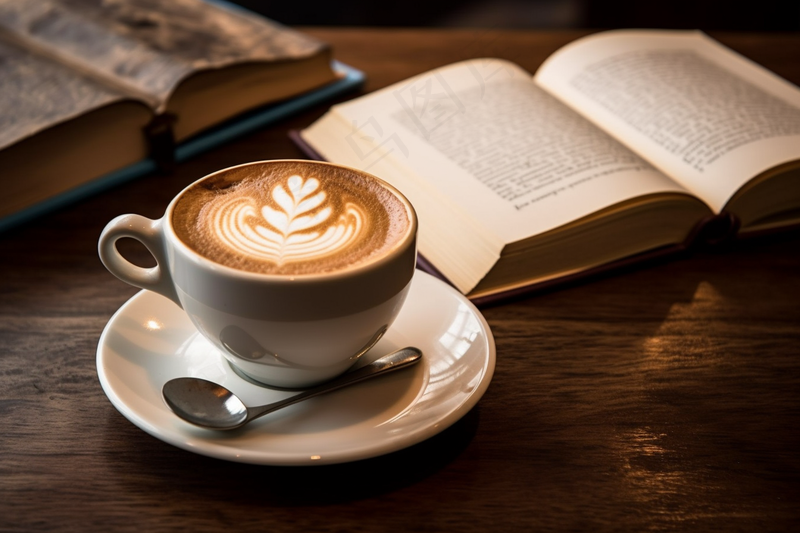 书桌上的咖啡下午茶书本摄影图