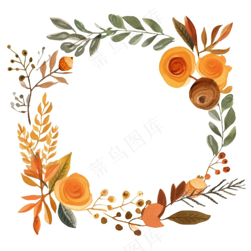 枫叶落叶树叶简约秋天圆形边框水彩画插画免抠