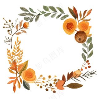 枫叶落叶树叶简约秋天圆形边框水彩画插画免抠