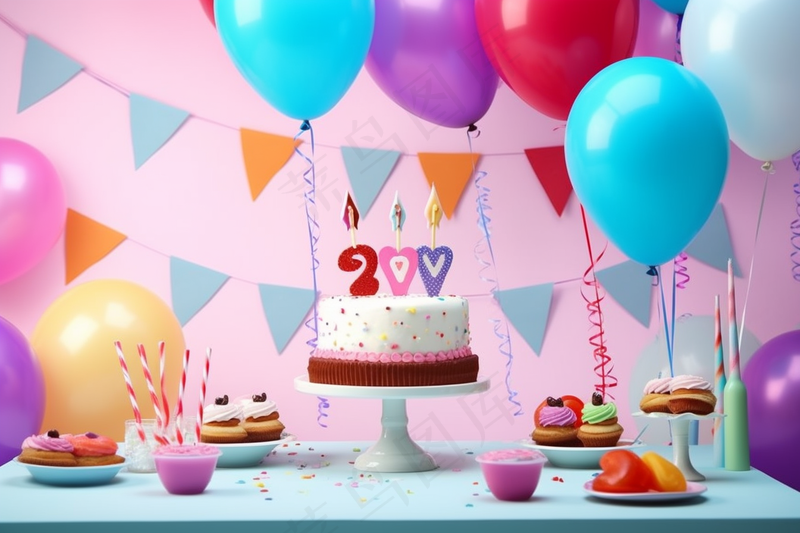 生日派对party蛋糕气球彩带庆祝摄影图(4032x2688)