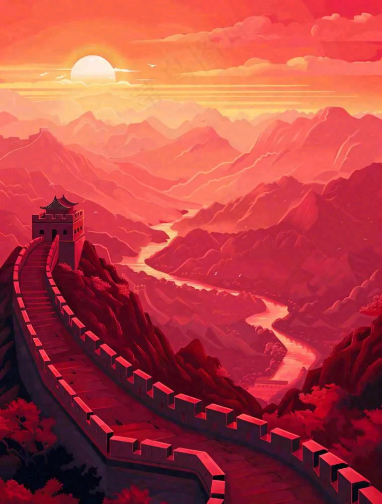 万里长城中国山河红色北京旅游景点八一建军节红色文化卡通插画背景(960x1264)