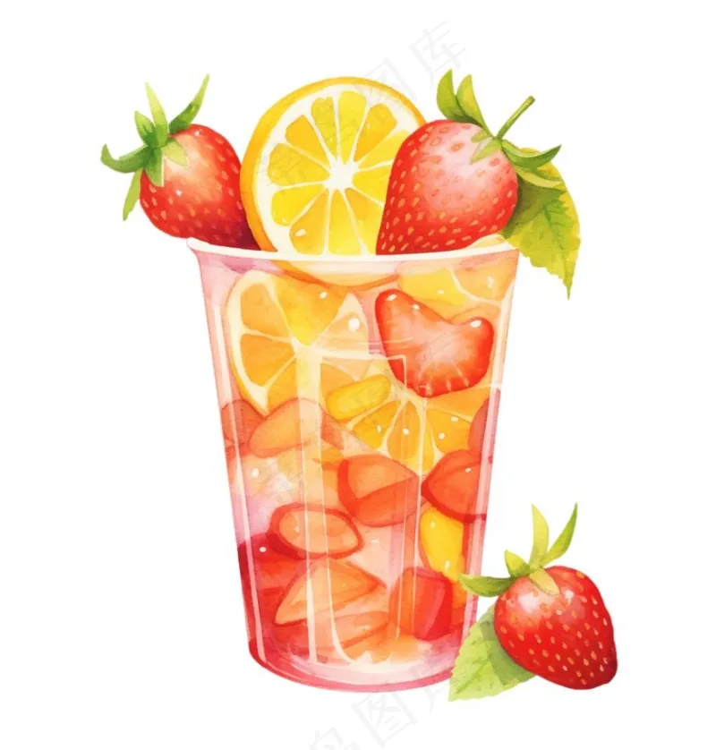 水果茶饮料草莓菠萝橙子柠檬水彩插画免抠(1024x1072)