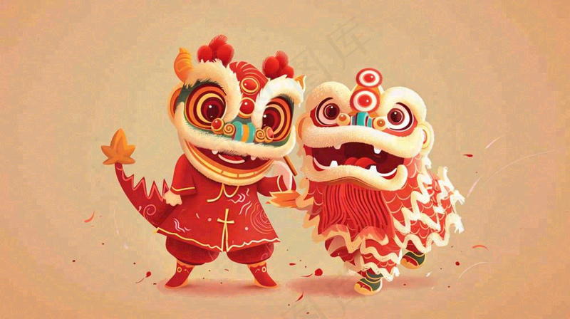 中国式舞狮舞龙卡通插画新年春节节日庆祝红色背景(1456x816)