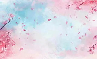 春季出游浪漫水彩樱花蓝粉色樱花林立春春分插画背景