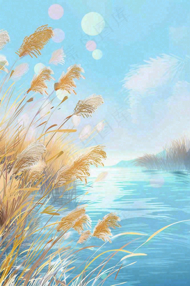 水彩芦苇荡山水画古风中国风白露插画寒露处暑背景(896x1344)