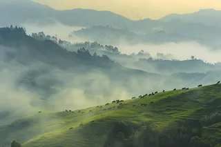 清晨日出朝霞云层山川摄影图