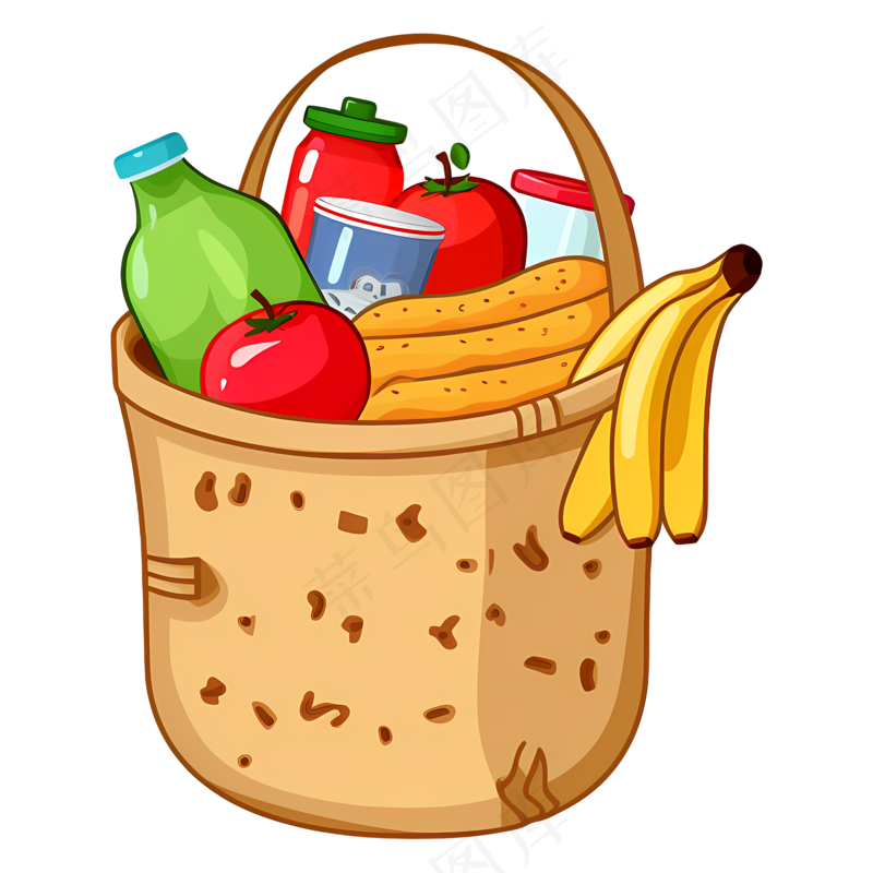 免抠卡通手绘水果饮料野餐篮子