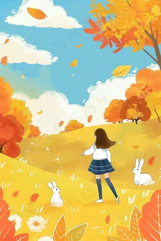 秋天秋意浓森林公园女孩白兔金黄树木草丛蓝天白云立秋秋分卡通插画背景