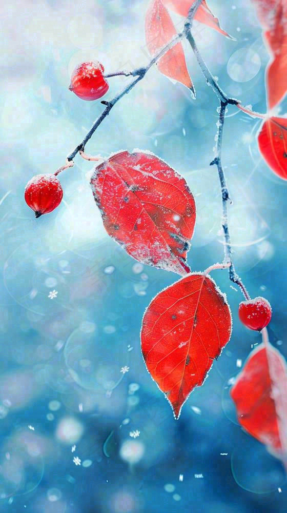 红叶上的白霜白雪秋冬霜降寒露立冬摄影图