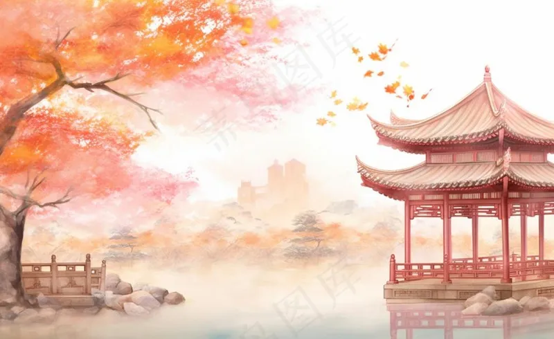 秋季枫叶晚亭山水湖面倒影美景中国风水墨画插画背景(1408x864)
