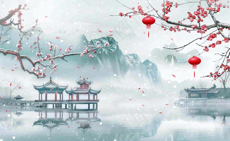 冬天雪景江南风景梅花枝头凉亭红灯笼寒露小雪冬至立冬卡通插画背景