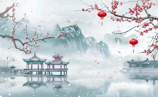 冬天雪景江南风景梅花枝头凉亭红灯笼寒露小雪冬至立冬卡通插画背景