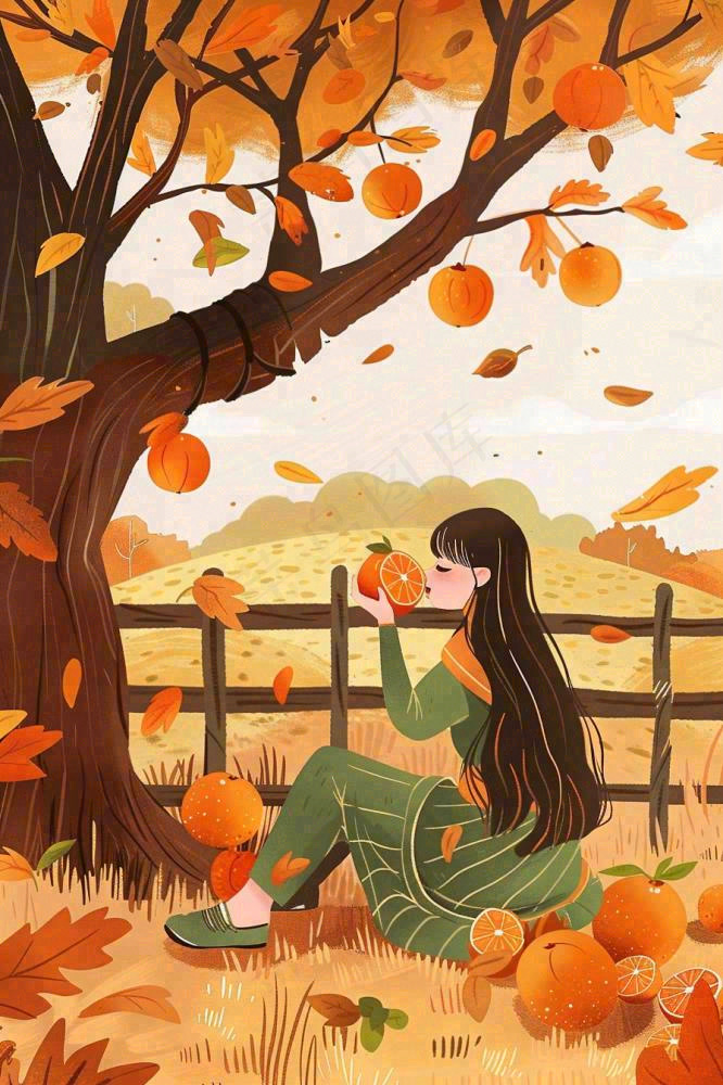秋天橘子树下的女孩果实果树丰收立秋秋分卡通插画背景(896x1344)