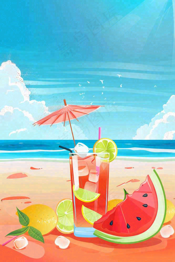 炎热夏日冰镇饮料饮品西瓜汁海边沙滩蓝天白云立夏夏至大暑小暑处暑卡通插画背景(896x1344)
