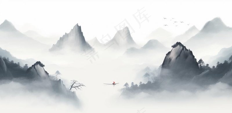 山水水墨画云层山峰中国风插画背景(1568x768)