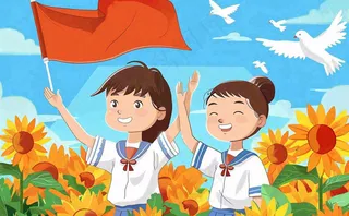 红色国庆节少先队员旗帜向日葵插画十一国庆节插画背景