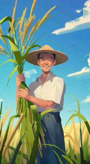 农民抱着一束水稻稻穗农田小满芒种插画背景