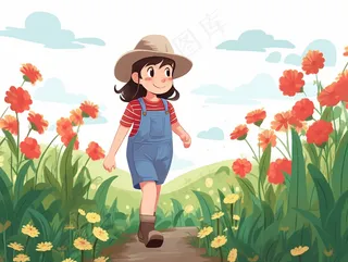 小女孩走在花丛中美丽的花朵花匠卡通插画背景