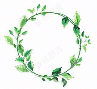绿叶花环圆形边框水彩画免抠