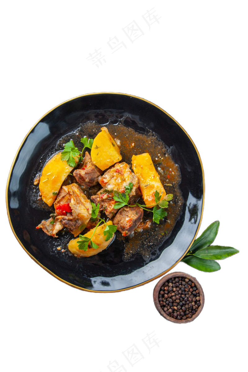 俯视美食黑盘子PNG素材