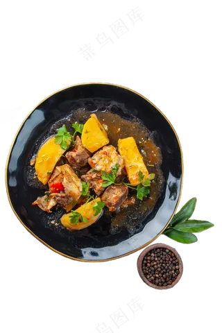 俯视美食黑盘子PNG素材