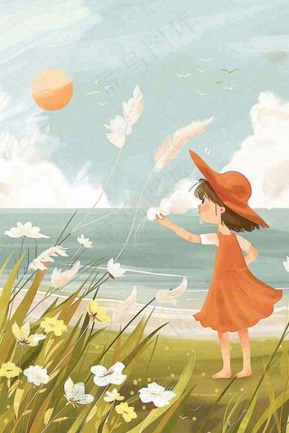 秋天湖边女孩随风舞动芦苇荡白鸽白鹭白露寒露插画背景