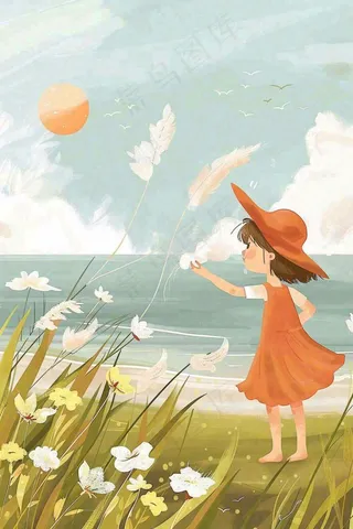 秋天湖边女孩随风舞动芦苇荡白鸽白鹭白露寒露插画背景