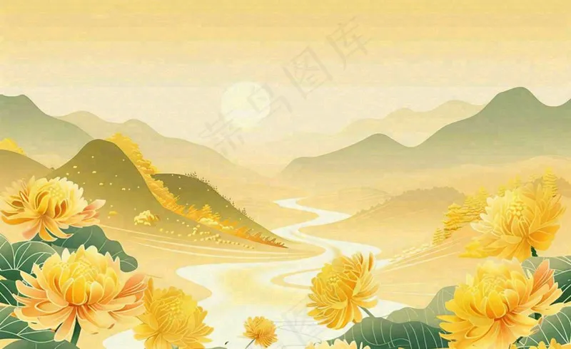 金秋菊花山水国潮插画中秋重阳立秋秋分插画背景(1408x864)