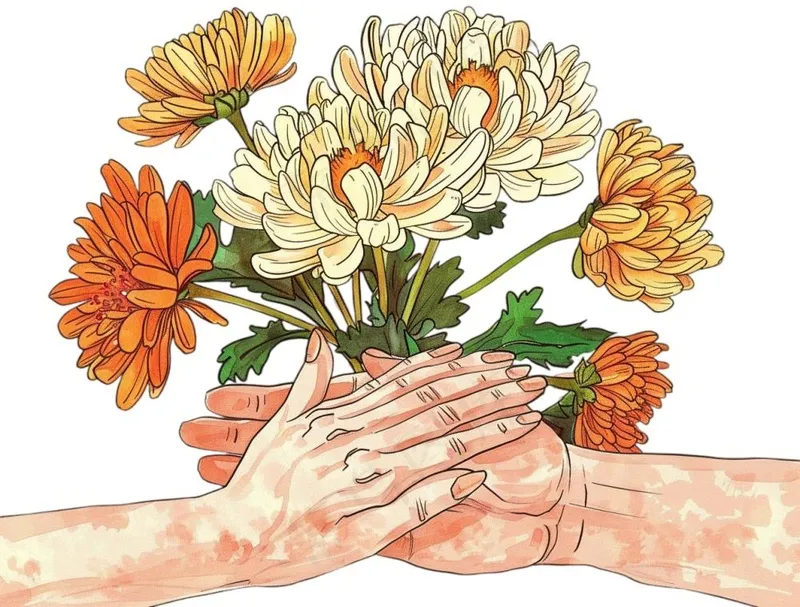 手捧菊花清明节卡通插画免抠(1264x960)