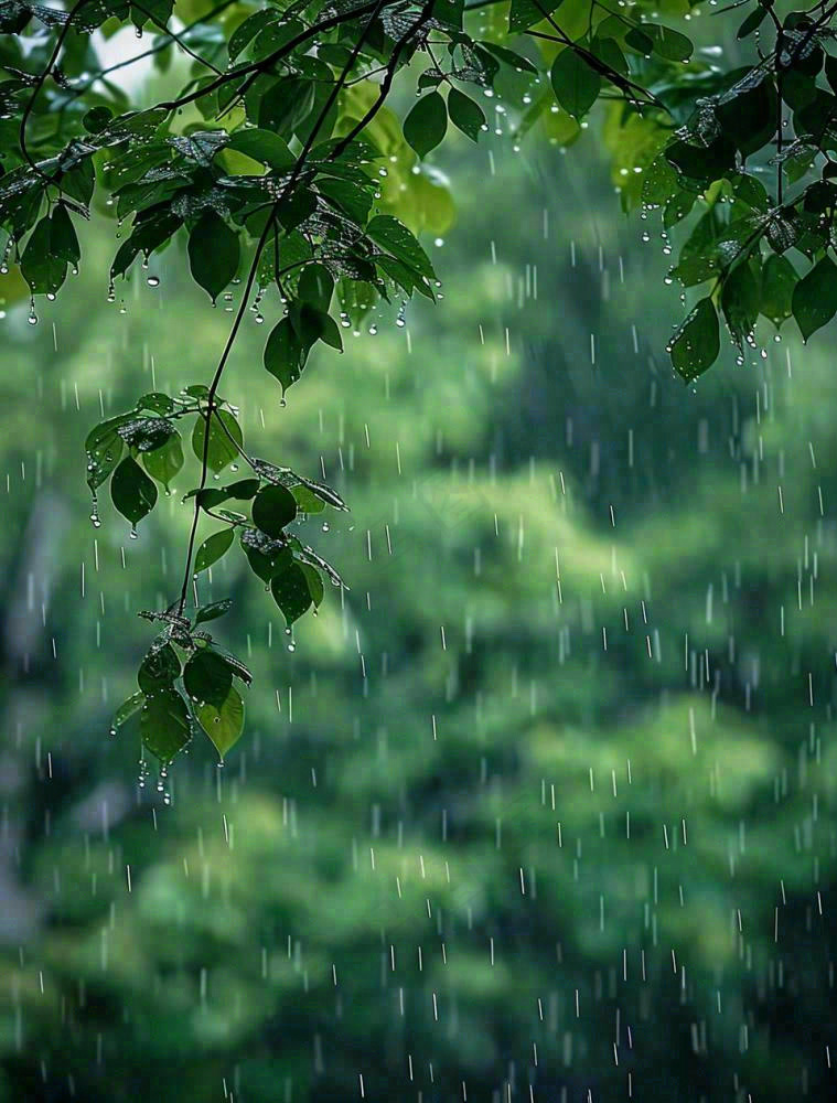 下雨天的公园大树下雨滴雨水谷雨梅雨季摄影图(960x1264)