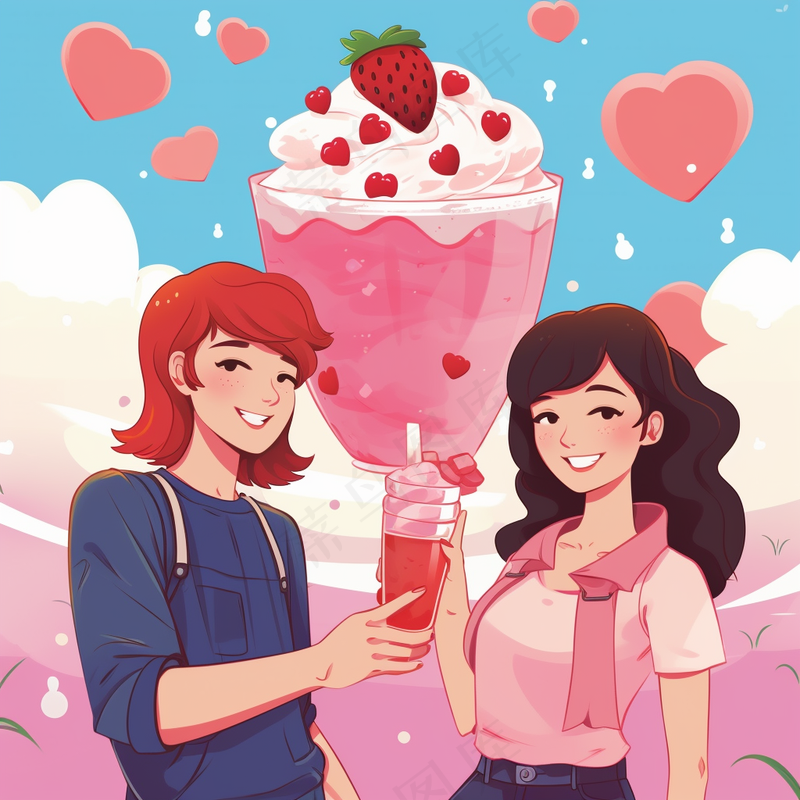 情侣约会粉色爱心泡泡草莓奶茶奶油甜蜜卡通插画背景(x)