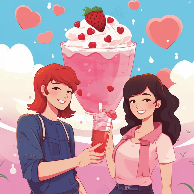 情侣约会粉色爱心泡泡草莓奶茶奶油甜蜜卡通插画背景(x)