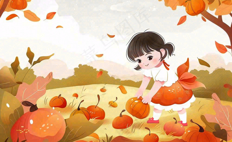 秋天摘水果的女孩果树落叶秋分立秋卡通插画背景(1408x864)