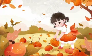 秋天摘水果的女孩果树落叶秋分立秋卡通插画背景