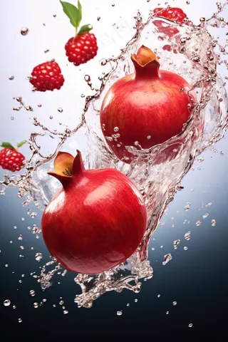 石榴水果碰撞水花摄影图