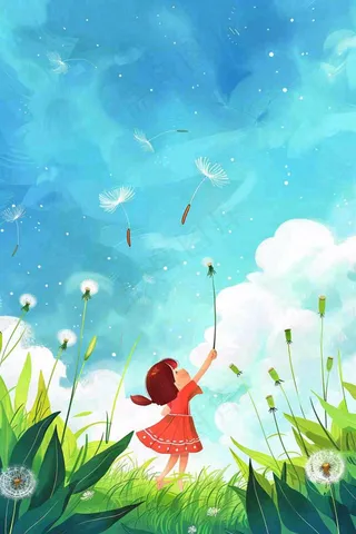 春天蒲公英绿草地蓝天白云红裙子女孩小清新唯美立春春分惊蛰立夏卡通插画背景
