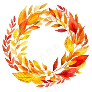 枫叶落叶树叶简约秋天圆形边框水彩画插画免抠
