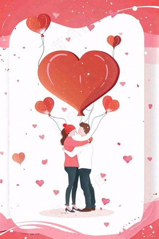 七夕情人节爱心气球相拥的恋人粉色浪漫插画背景